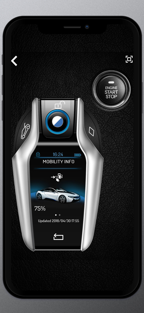 Keys and engine sounds of cars - Digital representation of a BMW i8 smart key with a mobility info screen and engine start button
