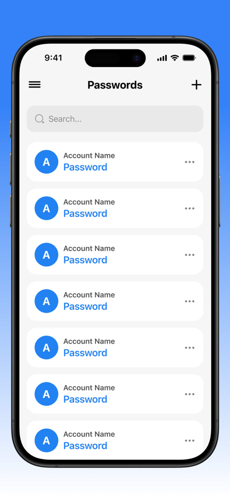 iPhone上の2FA・MFA認証アプリのインターフェース。検索バーと追加ボタンが付いた、管理対象アカウントパスワードのリストが表示されます。