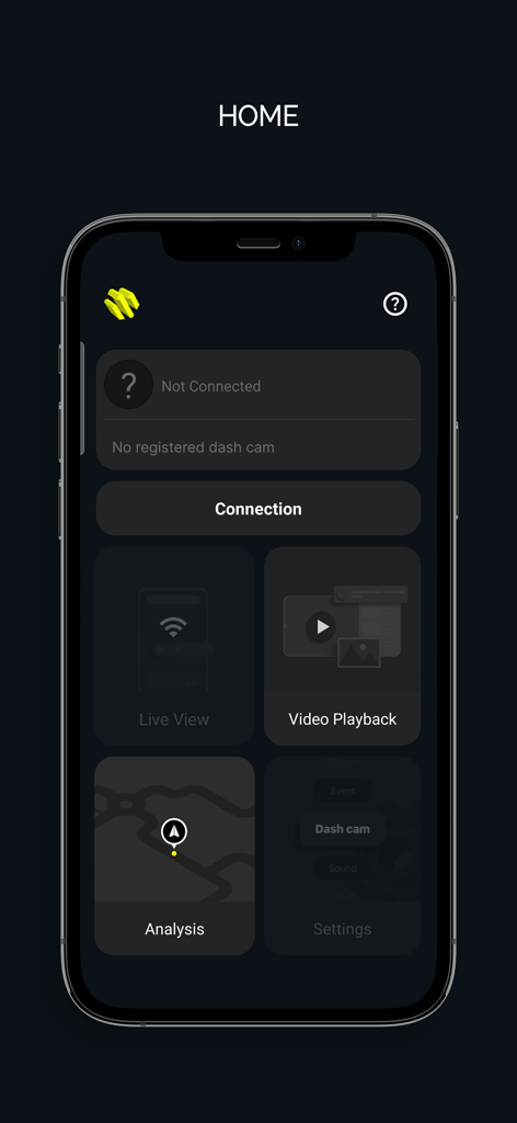 IROAD DASH CAM mobile app home screen showing connection status and menu options including video playback and analysis