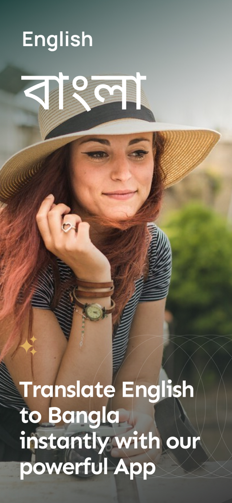 English to Bangla Translator - Intro screen for English to Bangla Translator app featuring a woman with a camera