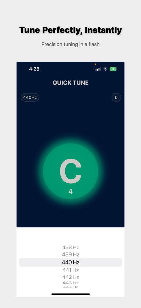 QUICK TUNE - GUITAR TUNER - Interface do aplicativo afinador de violão Quick Tune mostrando configurações de ajuste de frequência