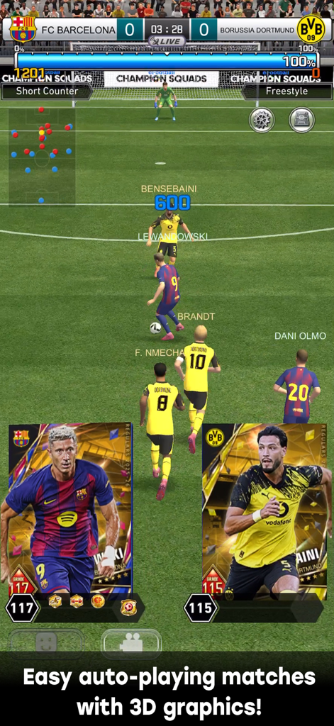 Partido de fútbol 3D entre el FC Barcelona y el Borussia Dortmund en eFootball CHAMPION SQUADS