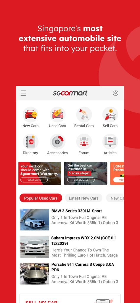 Sgcarmart - Sgcarmart mobile app home screen showing car buying categories and used car listings