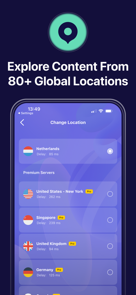 PrimeVPN - Fast & Secure VPN - Interfaz de PrimeVPN mostrando una lista de más de 80 ubicaciones de servidores globales para navegación segura.