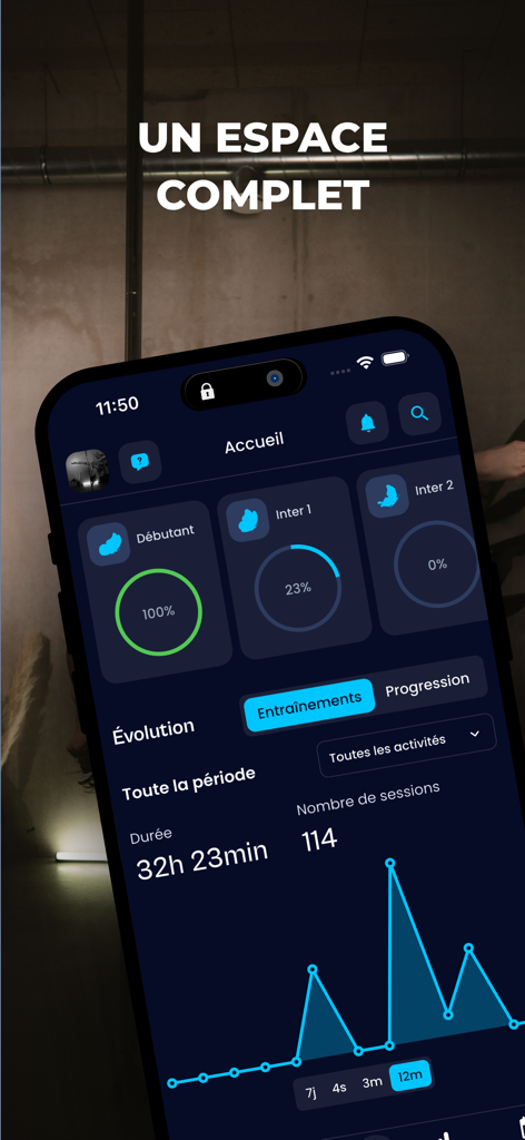 Una interfaz de aplicación móvil para Pole Therapy que muestra los niveles de progreso de entrenamiento del usuario y estadísticas de ejercicios