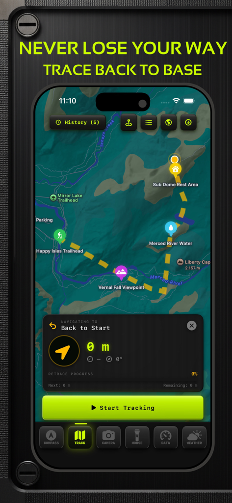 Compass X: GPS Map,Tracker - Aplicación Compass X que muestra un mapa GPS con una ruta de senderismo rastreada y una función de navegación para volver al inicio