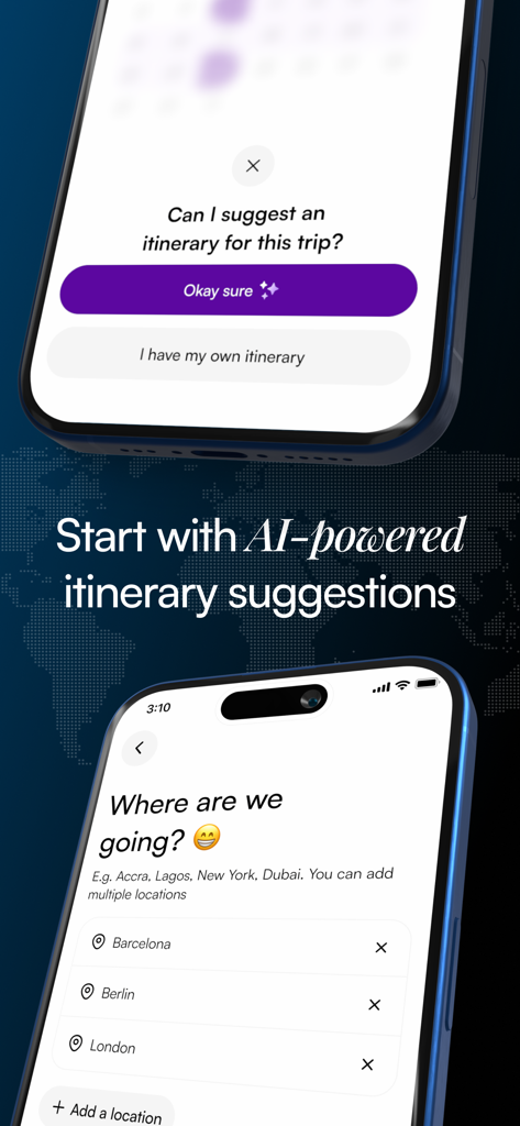 Trip o'clock: Travel anywhere - Interface do aplicativo Trip o'clock mostrando sugestões de itinerário com IA e seleção de destino para várias cidades.