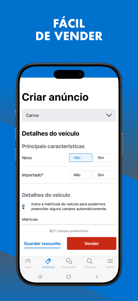 Standvirtual: Car Marketplace - Pantalla de smartphone que muestra la interfaz de la aplicación Standvirtual para crear un anuncio de vehículo con campos para detalles del coche y un botón de vender.
