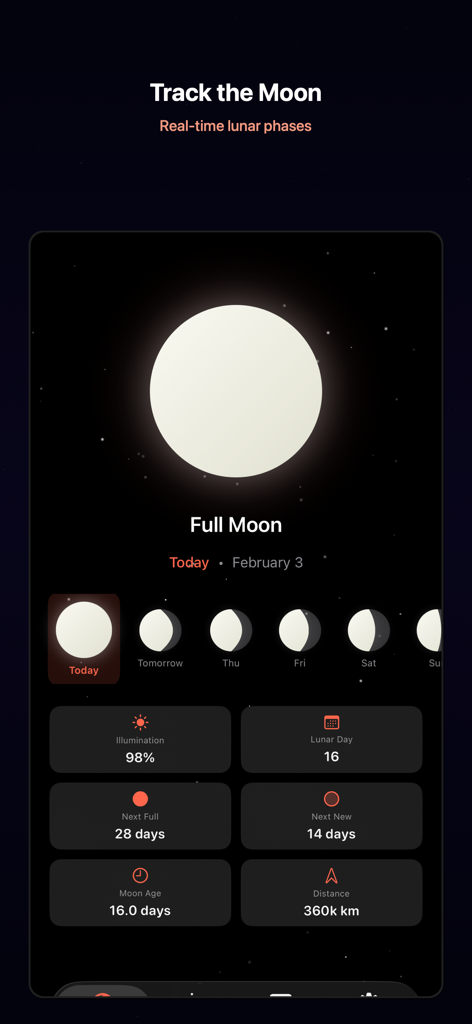 Moon Phase Keeper 앱 인터페이스에 조명 및 달의 날짜 세부 정보가 있는 보름달 표시