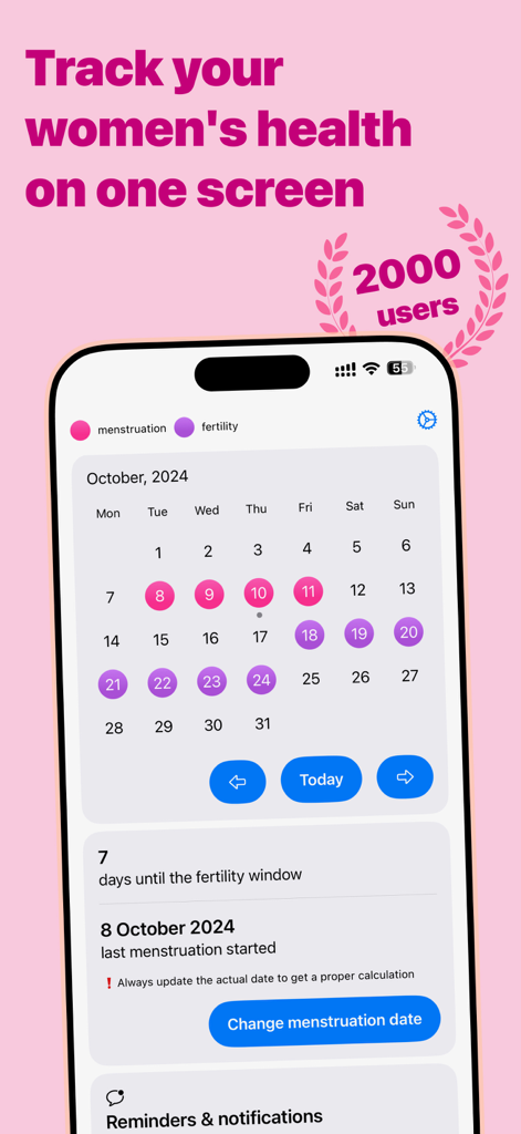 Pantalla de iPhone que muestra un calendario mensual con indicadores rosas y morados para el seguimiento de la menstruación y la fertilidad.
