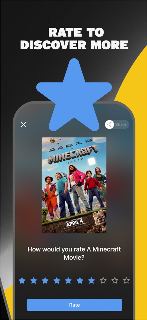 IMDb: Movies & TV Shows - IMDb app screen inviting users to rate A Minecraft Movie for personalized recommendations
