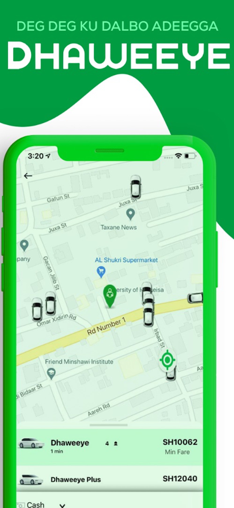 Dhaweeye - Dhaweeye ride hailing app interface showing available cars on a map and service options