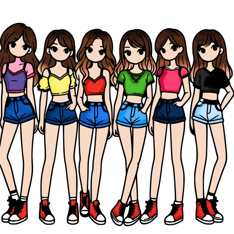 a group of girls wearing crop tops and shorts