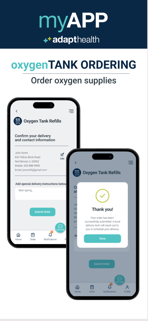 Interface of the myAPP by AdaptHealth mobile application showing oxygen tank refill ordering and a successful submission confirmation.