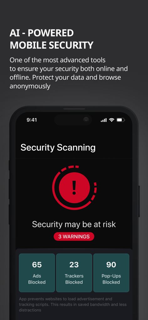 AI Security: Breach Defender - Interface of the AI Security Breach Defender app showing a security scan alert and statistics for blocked ads and trackers