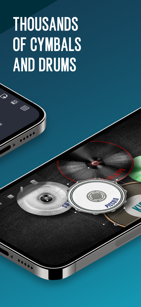 Real Drum: electronic drum set - Real Drum app interface displaying a virtual drum kit with different cymbals and drums on a smartphone