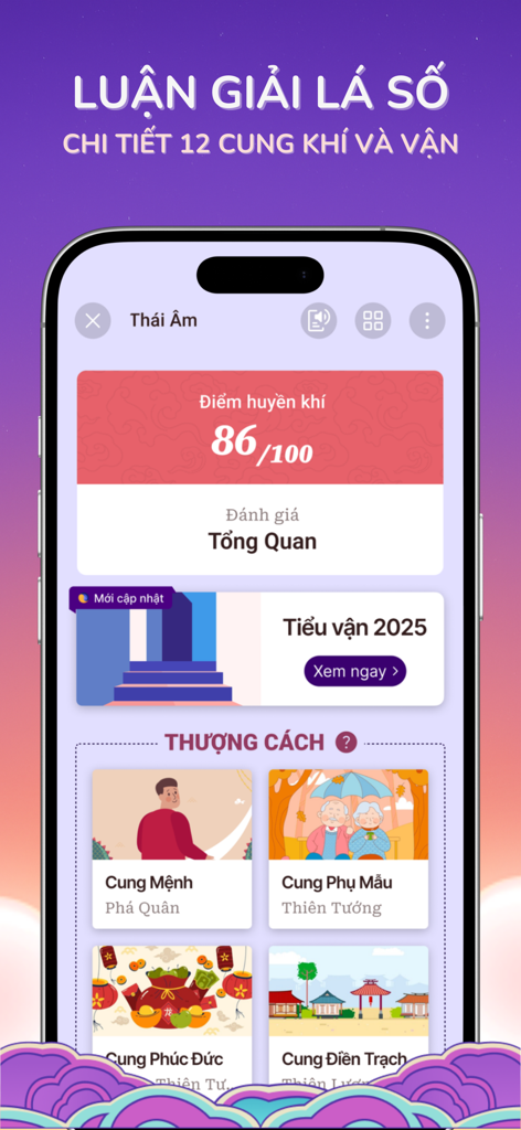 Thái Âm - Tử Vi 2026 - Eine vietnamesische Astrologie-App mit einer detaillierten Horoskopanalyse mit einem Mystic Energy-Wert und Palastkarten.