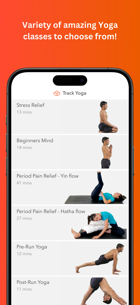 Track Yoga – A Simple Yoga App - Interfaz de la aplicación Track Yoga que muestra una variedad de clases de yoga, incluyendo sesiones para aliviar el estrés y para principiantes