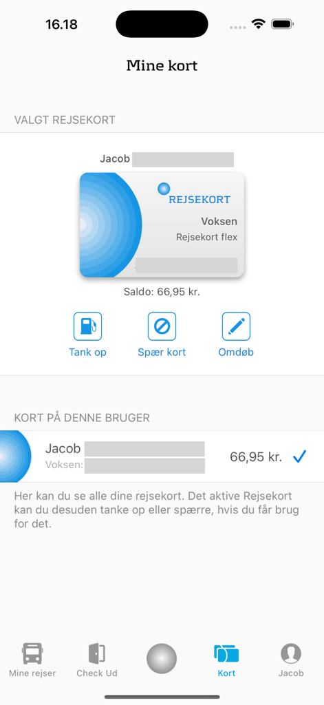 Écran de l'application Rejsepartner montrant les détails et le solde de la carte de transport