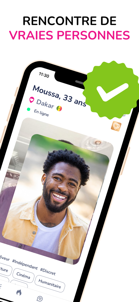 NousDeux - App de rencontre - NousDeux app screenshot showing a verified user profile from Dakar