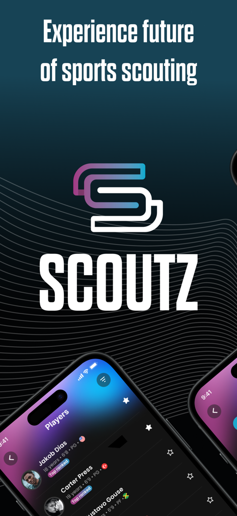 Scoutz App - Scoutz basketball recruiting app interface showing a list of players and the app logo
