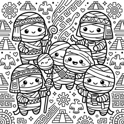 Embark on a delightful coloring adventure with our Kawaii Inca Mummies! This charming page fuses ancient South American history with an irresistibly cute Japanese art style, offering endless creative fun.