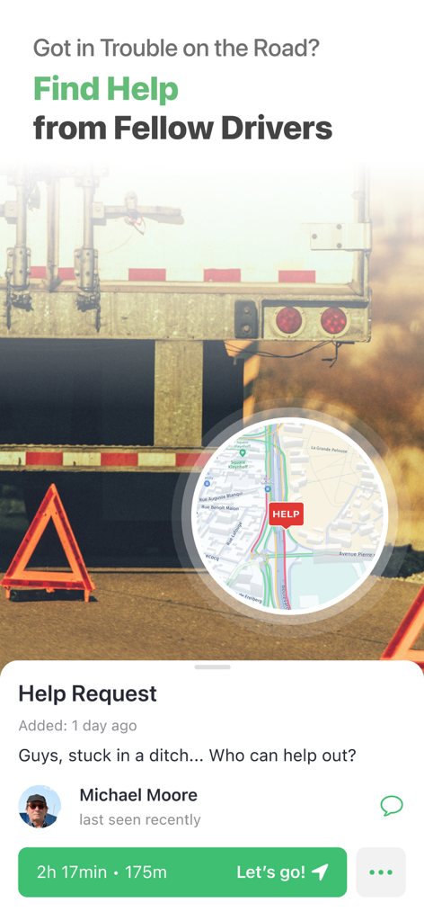 Roolz Navigation for Truckers - Roolz App-Oberfläche zeigt eine Hilfsanfrage von einem LKW-Fahrer, der in einem Graben festsitzt, mit einer Kartenposition