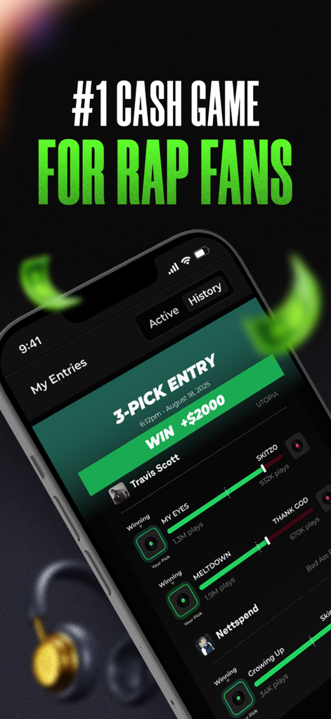 StreamStakes - StreamStakes mobile app interface showing a three pick entry to win cash prizes based on rap music streaming predictions.