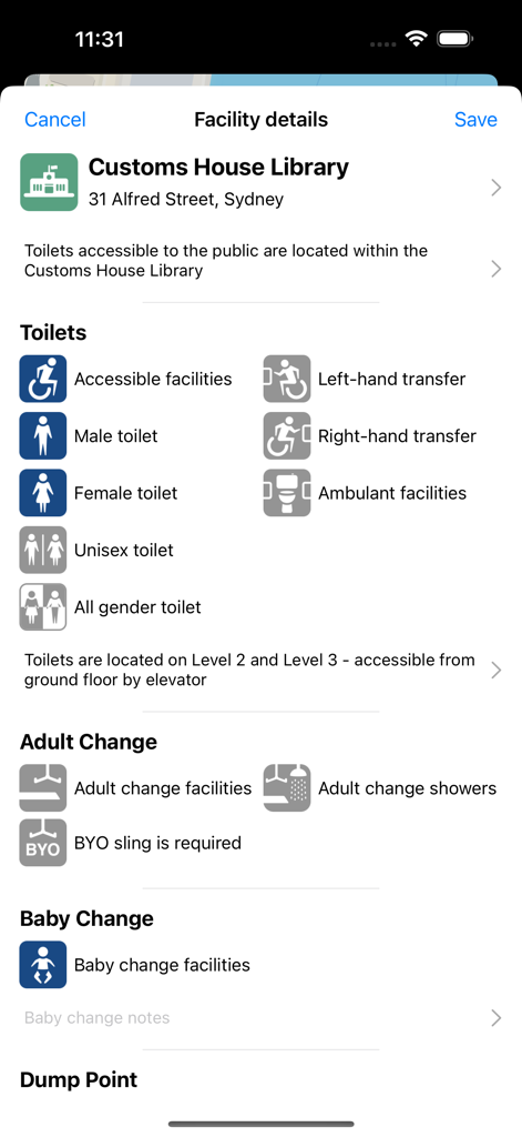 A screenshot of the National Public Toilet Map app showing detailed information and accessibility icons for public facilities at Customs House Library in Sydney
