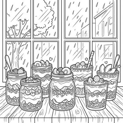 Snuggle up indoors and bring a delightful scene of healthy treats to life with this charming yogurt parfaits coloring page. It's the perfect artistic escape for a rainy day, combining culinary joy with the peace of a quiet afternoon.