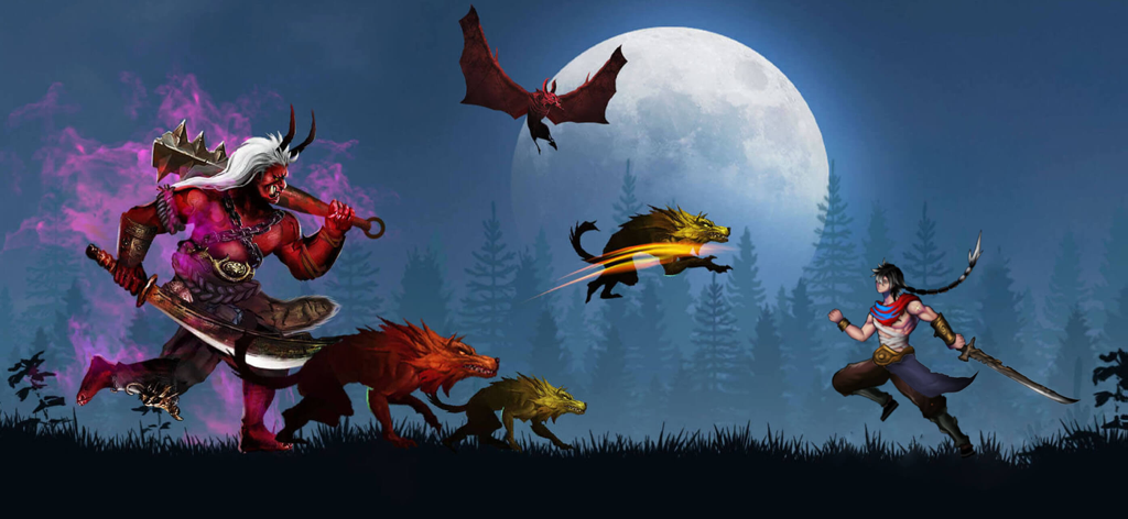 Ninja Adventure: Shadow Legend - 忍者のキャラクターが、満月の下、暗い森の中で巨大な赤い悪魔と狼の獣に立ち向かっている