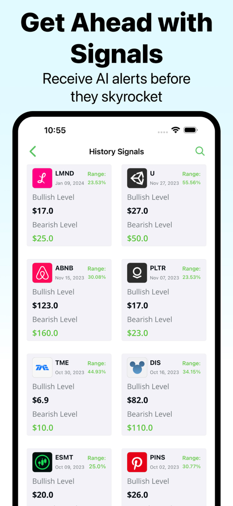 Mobile app interface displaying AI stock alerts and trading signals with bullish and bearish price levels