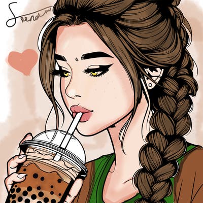 realistic girl drinking boba tea with braided hair