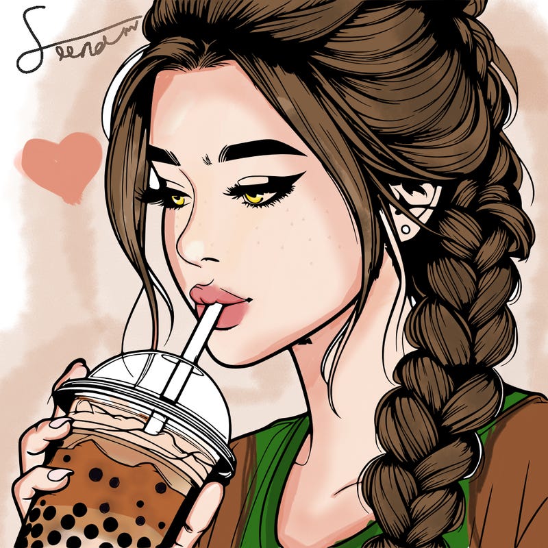 realistic girl drinking boba tea with braided hair