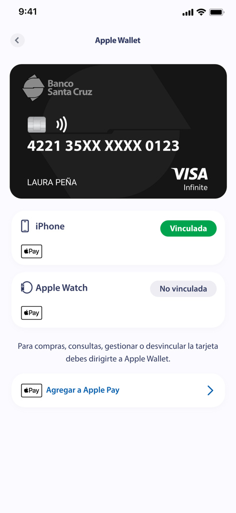 App BSC - Banco Santa Cruz mobile app screen for managing Apple Wallet and Apple Pay card linking