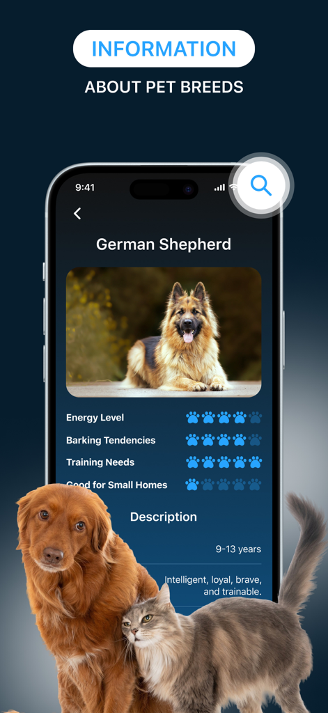 Animal Sound: Training Clicker - ジャーマンシェパードの品種特性と特徴の評価を表示するスマートフォンの画面
