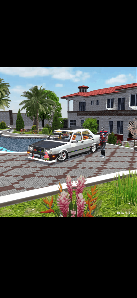 Eine individuell gestaltete weiße Limousine und eine Figur, die auf der Auffahrt einer Luxusvilla stehen