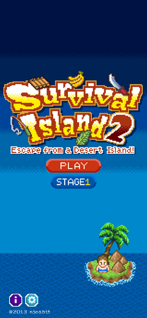 Survival Island 1&2 - Pantalla de título del juego móvil de pixel art Survival Island 2 con un personaje en una isla desierta y un botón de reproducción.