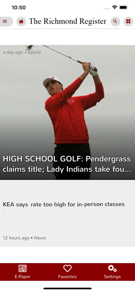 Richmond Register - Home screen of the Richmond Register mobile app showing local sports and news headlines