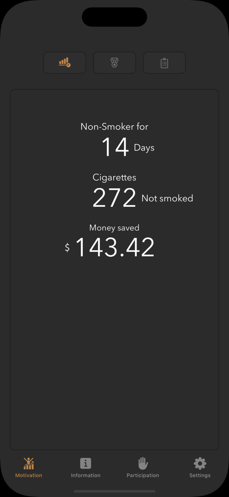 Quit Smoking --~ Smoke Free - Panel de la aplicación para dejar de fumar que muestra 14 días sin humo y más de 143 dólares ahorrados.
