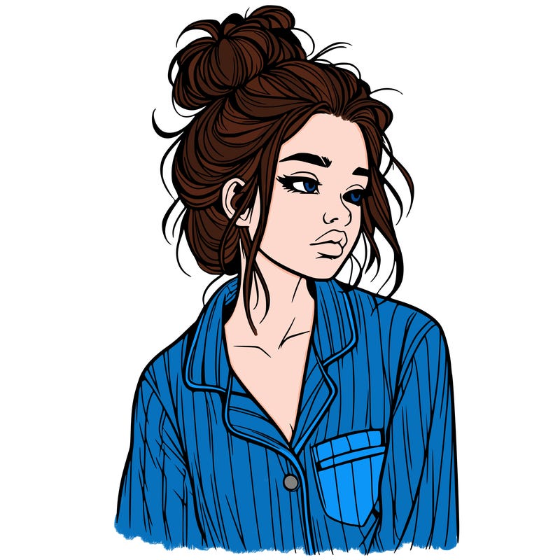 realistic woman with pajamas on and a messy bun