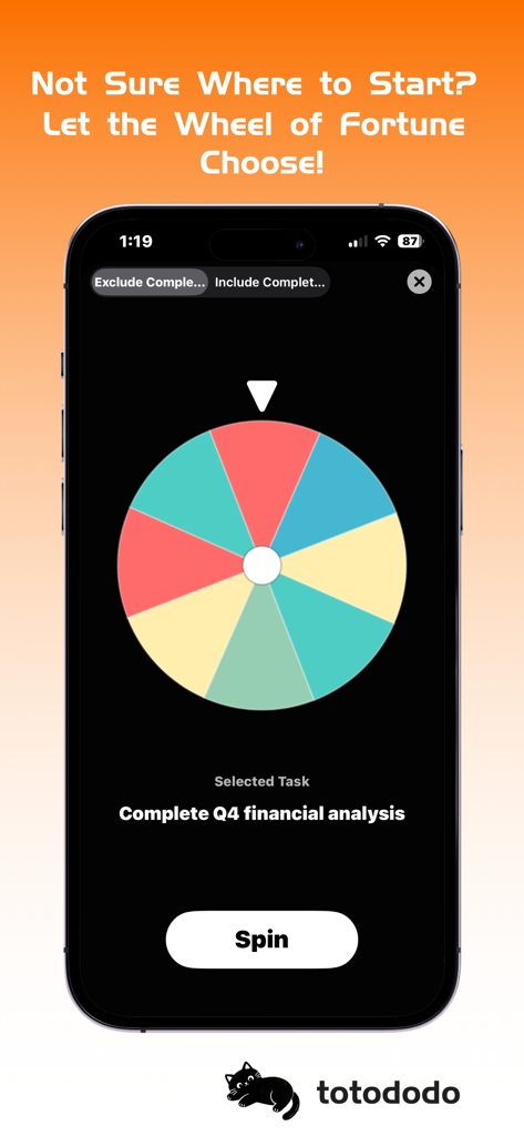 totododo - Totododo app interface showing a colorful lucky wheel feature used to randomly select a task to help users with decision paralysis.