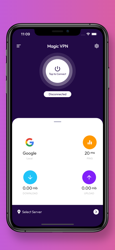 Magic VPN: Fast DNS Changer - Interfaz de la app Magic VPN mostrando el botón de conexión y métricas de rendimiento de red