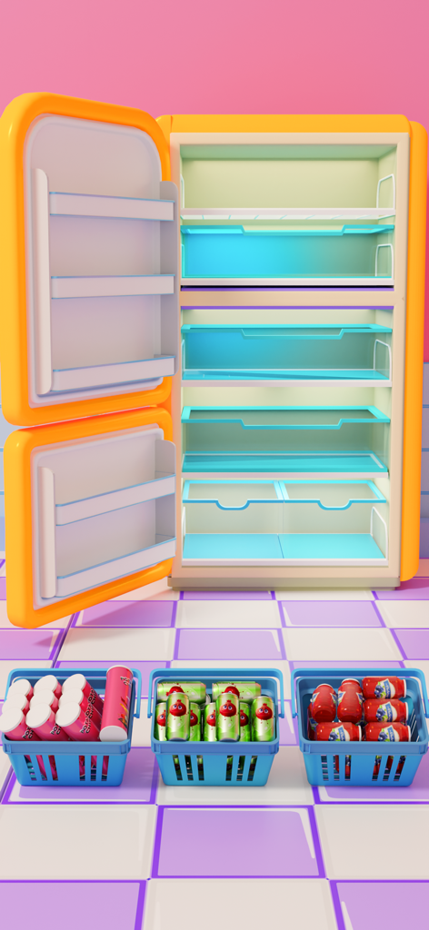 An empty orange 3D refrigerator with three baskets of grocery items ready to be organized on a purple tiled floor