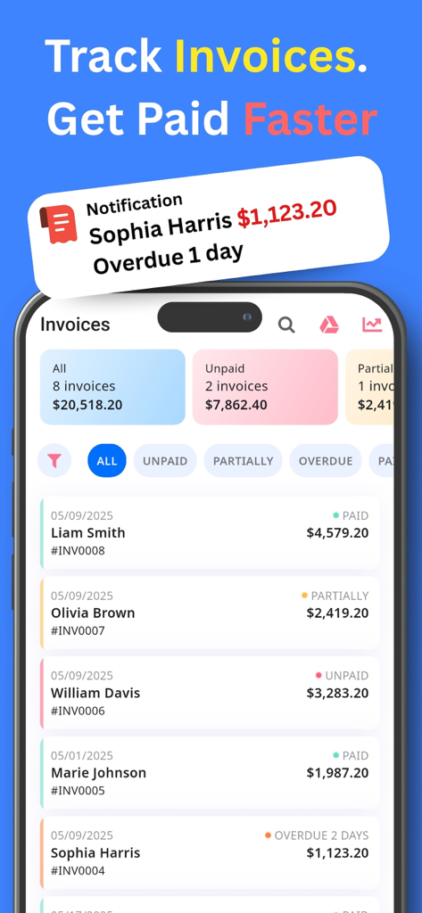 Interface mobile d'ezInvoice montrant un tableau de bord pour suivre les factures payées et en retard