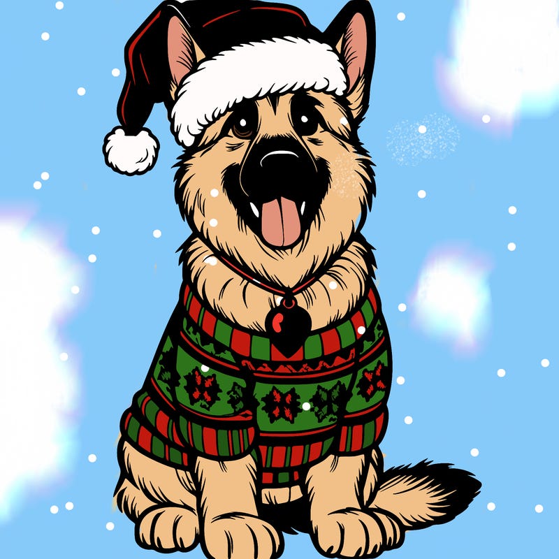 german shepherd wearing a santa hat and wearing a xmas sweater