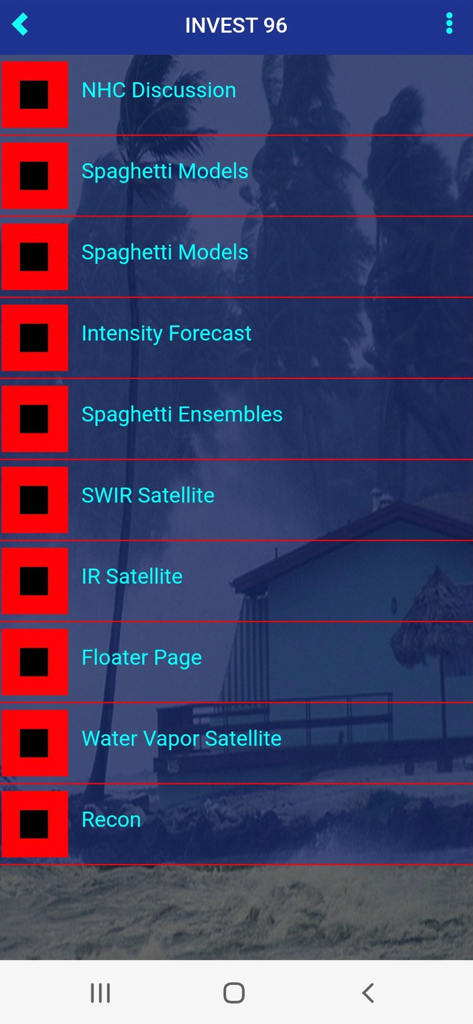 Menu list in Mikes Weather Page app featuring tropical tracking tools like spaghetti models and satellite imagery for Invest 96