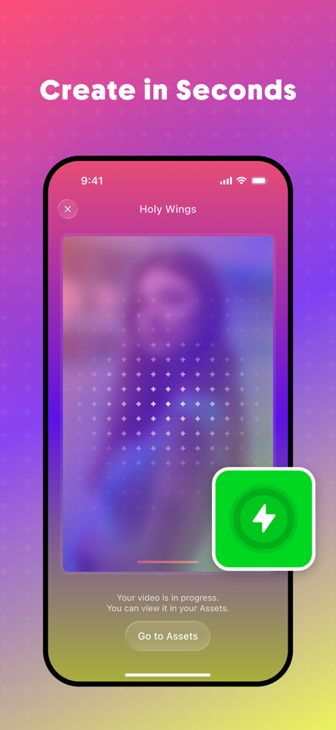 VidEffect: AI Video Effects - Interface do aplicativo VidEffect mostrando a tela de progresso de geração de vídeo IA para o efeito Holy Wings