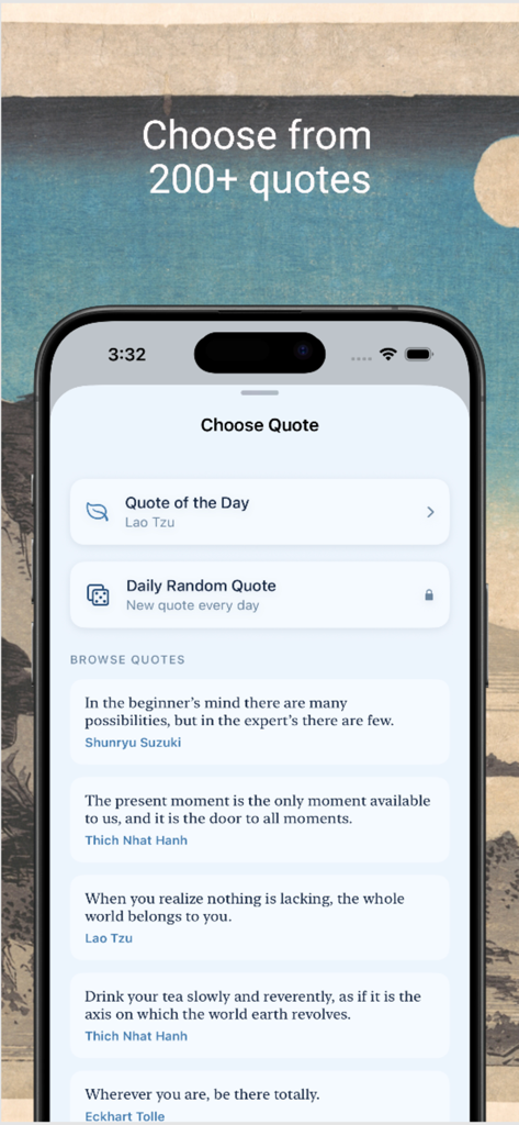 Zen Widgets - Interface de l'application Zen Widgets montrant une liste de plus de 200 citations zen et de pleine conscience