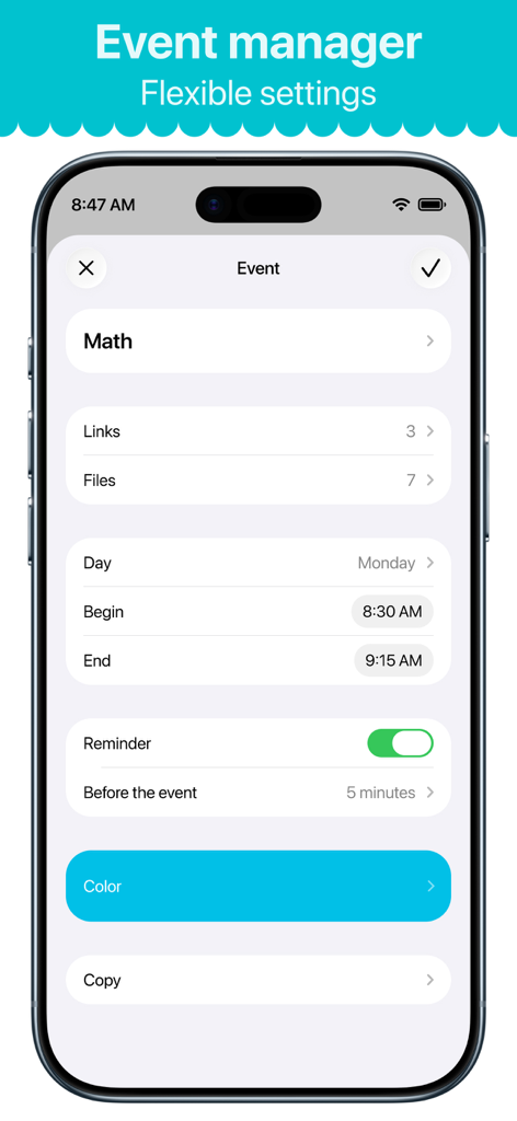 Smart Timetable: Daily Planner - Interfaz de la app Smart Timetable que muestra configuraciones flexibles de eventos para una clase de Matemáticas, incluyendo recordatorios de tiempo y archivos adjuntos